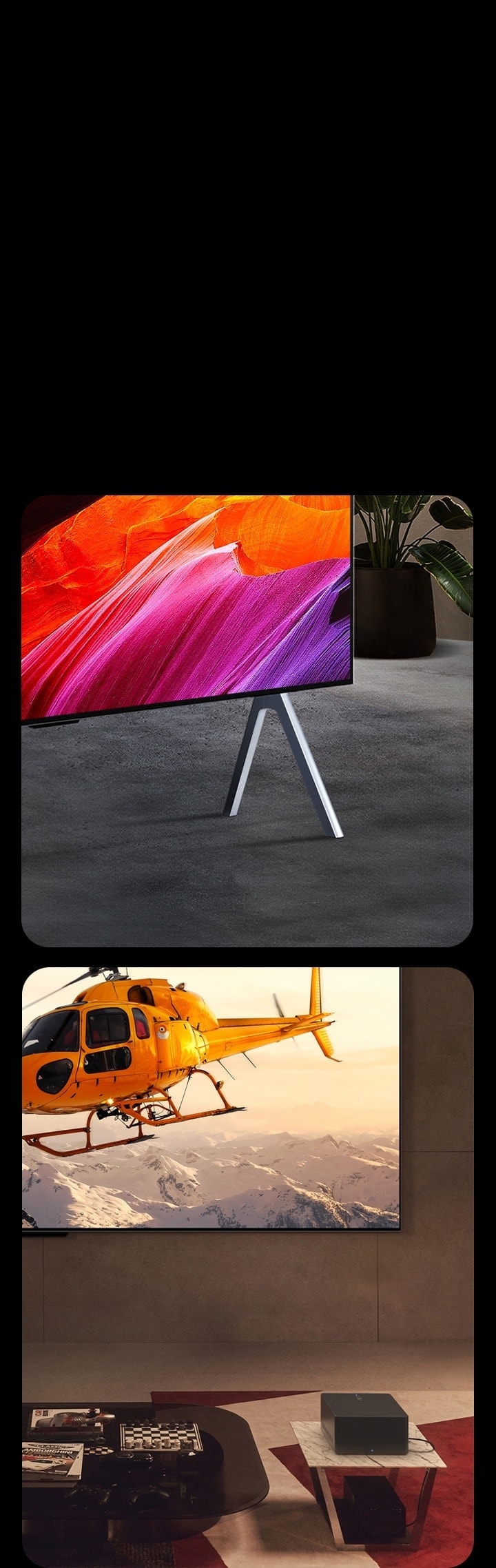 左邊顯示支架上 LG SIGNATURE OLED M4 的特寫角度透視圖，螢幕上是抽象的粉紅色和橙色藝術作品。右邊顯示掛牆安裝的 LG SIGNATURE OLED M4，前面的小桌子上擺放著 Zero Connect Box，畫面顯示雪山上空橙色直升機的明亮圖像。