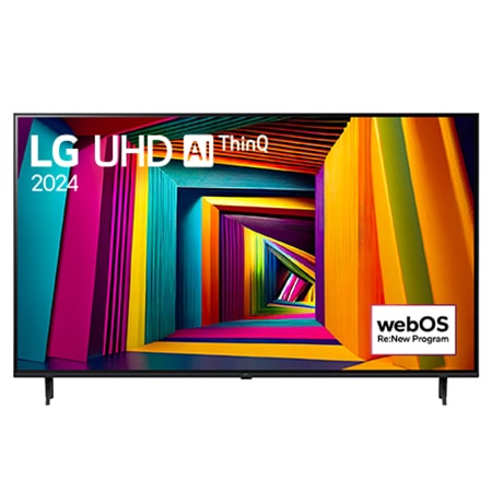LG UHD 4K 智能電視 UT90 的正面圖，螢幕上顯示文字「LG UHD AI ThinQ, 2024」和 webOS Re:New 計劃標誌