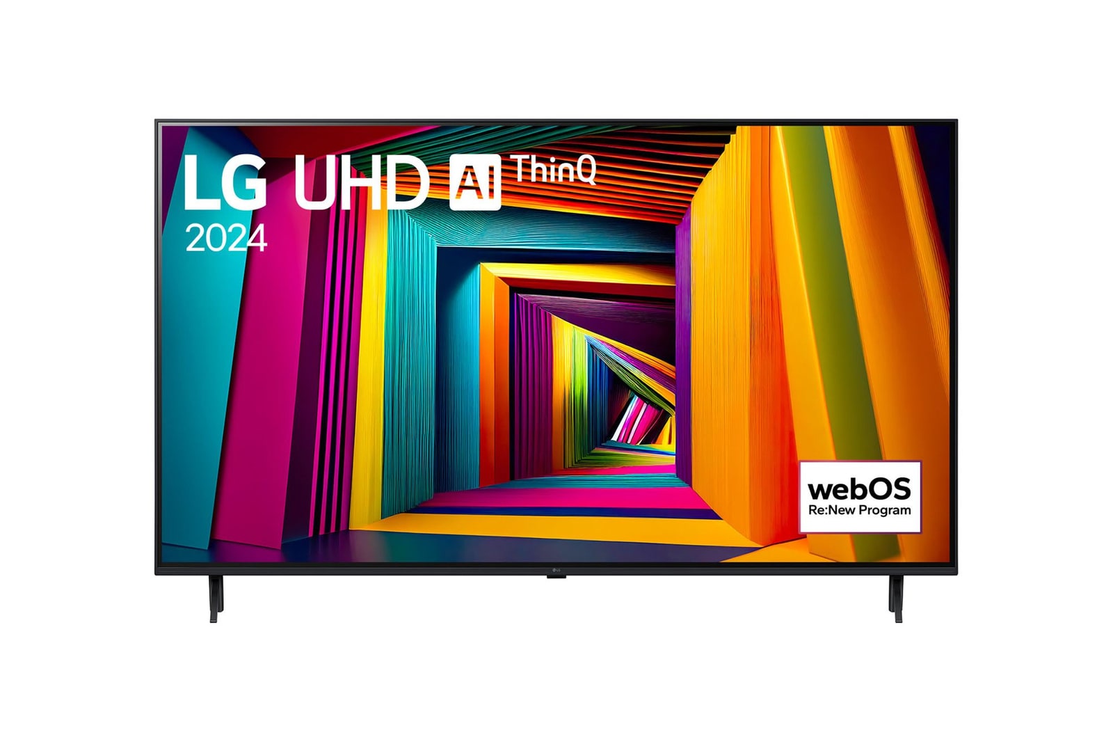 LG UHD 4K 智能電視 UT90 的正面圖，螢幕上顯示文字「LG UHD AI ThinQ, 2024」和 webOS Re:New 計劃標誌