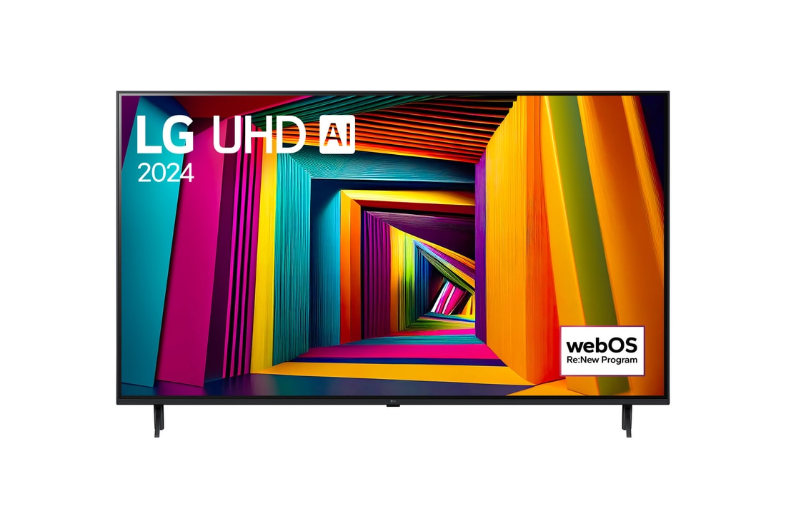 LG UHD 4K 智能電視 UT90 的正面圖，螢幕上顯示文字「LG UHD AI ThinQ, 2024」和 webOS Re:New 計劃標誌