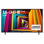 LG UHD 4K 智能電視 UT90 的正面圖，螢幕上顯示文字「LG UHD AI ThinQ, 2024」和 webOS Re:New 計劃標誌