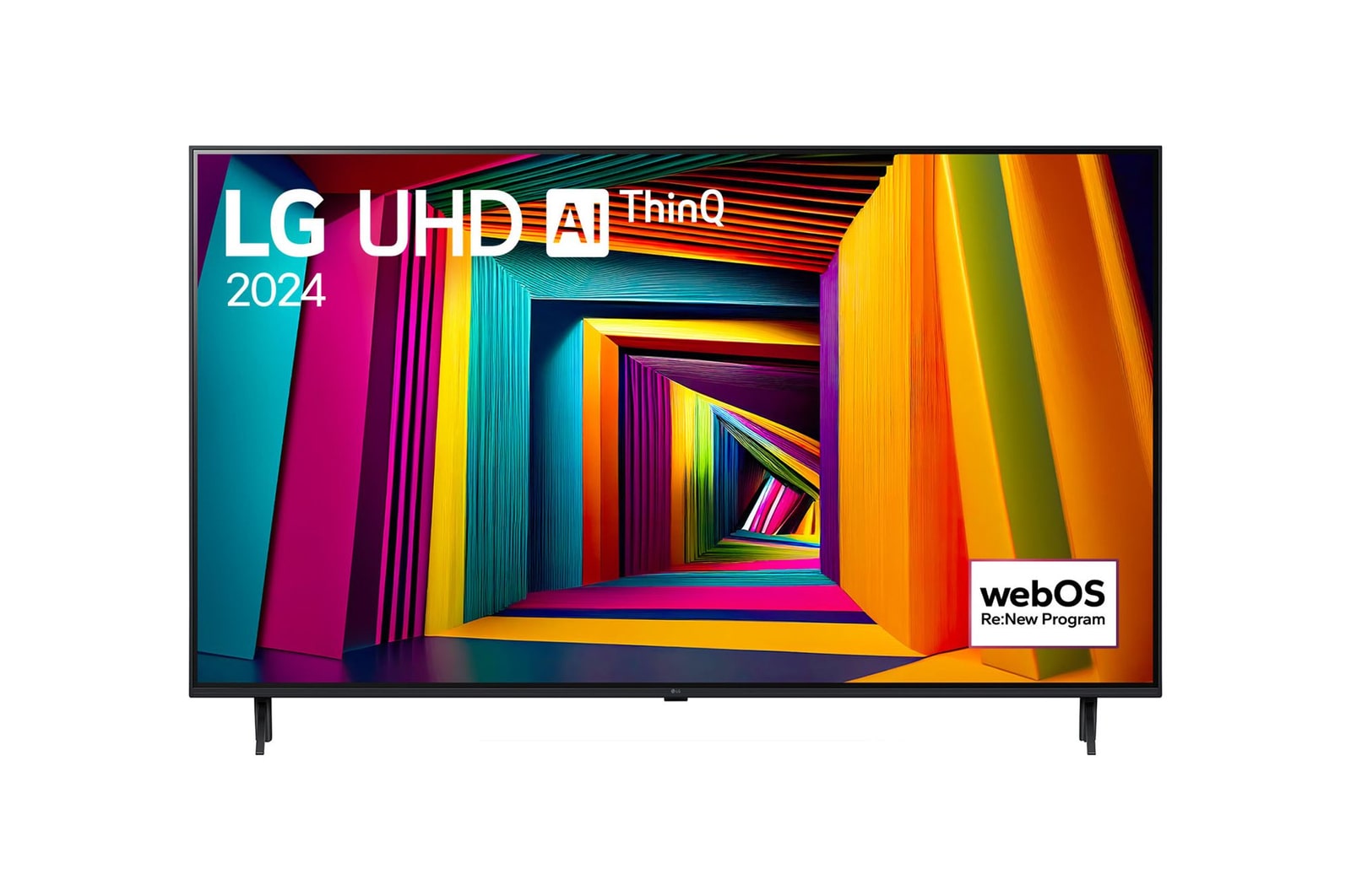 LG UHD 4K 智能電視 UT90 的正面圖，螢幕上顯示文字「LG UHD AI ThinQ, 2024」和 webOS Re:New 計劃標誌