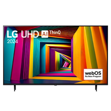 LG UHD 4K 智能電視 UT90 的正面圖，螢幕上顯示文字「LG UHD AI ThinQ, 2024」和 webOS Re:New 計劃標誌