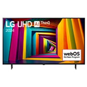 LG UHD 4K 智能電視 UT90 的正面圖，螢幕上顯示文字「LG UHD AI ThinQ, 2024」和 webOS Re:New 計劃標誌