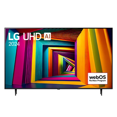 LG UHD 4K 智能電視 UT90 的正面圖，螢幕上顯示文字「LG UHD AI ThinQ, 2024」和 webOS Re:New 計劃標誌