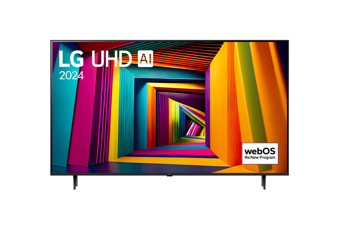 LG UHD 4K 智能電視 UT90 的正面圖，螢幕上顯示文字「LG UHD AI ThinQ, 2024」和 webOS Re:New 計劃標誌