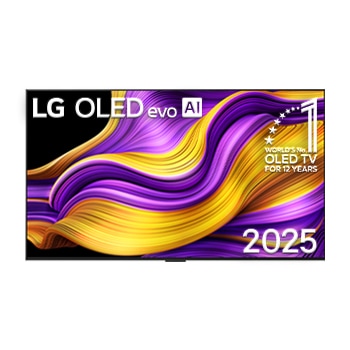 LG OLED evo AI G5 4K 智能電視的正視圖。螢幕上顯示著「12 年世界第一的 OLED」和「LG OLED evo AI 2025」標誌。