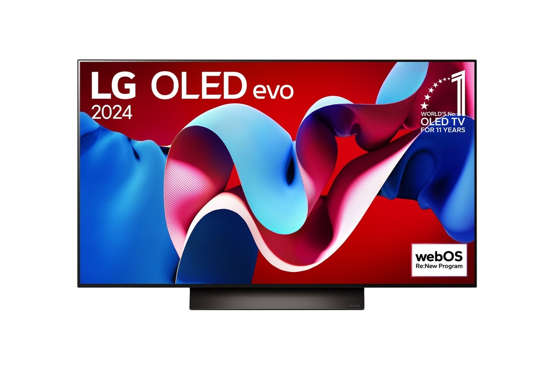 正面視圖，LG OLED evo C4 4K 智能電視，11 年世界第一的 OLED 標誌和 webOS Re:New 計劃標誌顯示在屏幕上