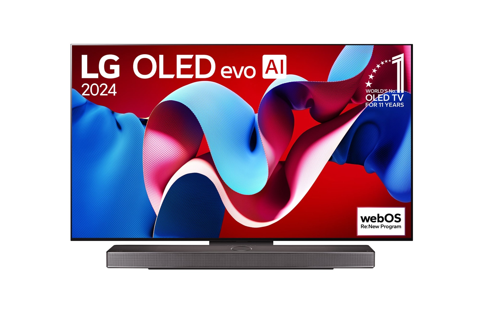 正面視圖,LG OLED evo C4 4K 智能電視,11 年世界第一的 OLED 標誌和 webOS Re:New 計劃標誌顯示在屏幕上,而其下方是 Soundbar