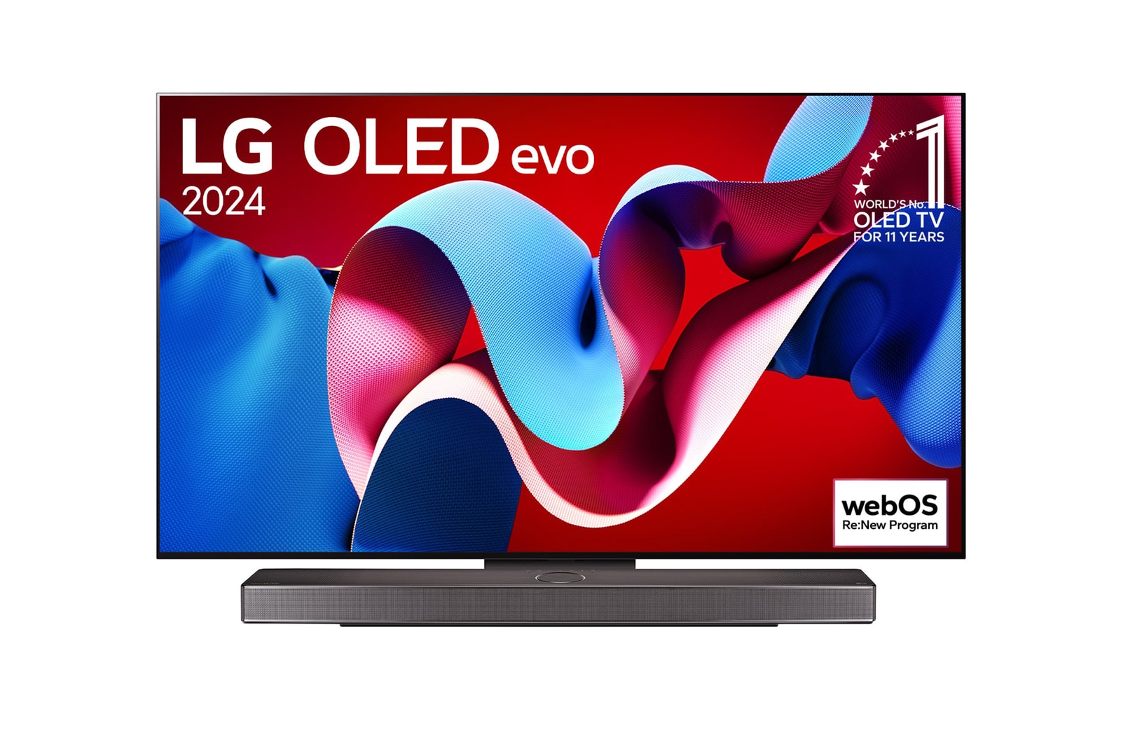 正面視圖，LG OLED evo C4 4K 智能電視，11 年世界第一的 OLED 標誌和 webOS Re:New 計劃標誌顯示在屏幕上，而其下方是 Soundbar