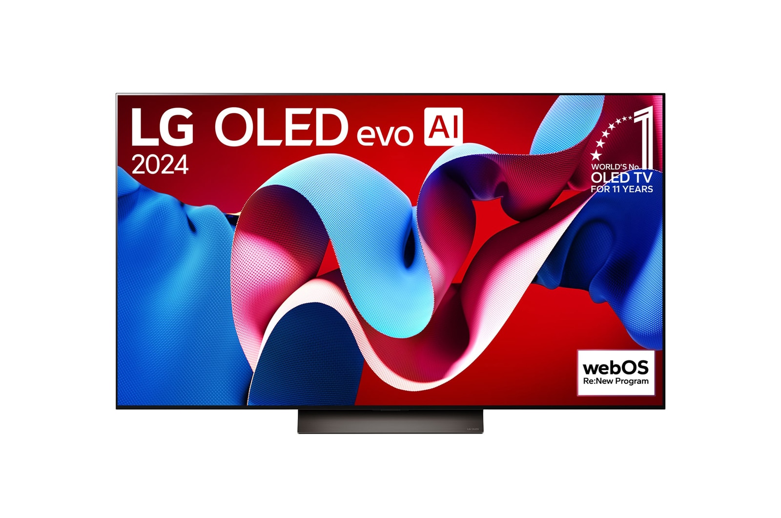 正面視圖,LG OLED evo C4 4K 智能電視,11 年世界第一的 OLED 標誌和 webOS Re:New 計劃標誌顯示在屏幕上