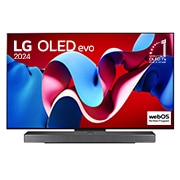 正面視圖，LG OLED evo C4 4K 智能電視，11 年世界第一的 OLED 標誌和 webOS Re:New 計劃標誌顯示在屏幕上，而其下方是 Soundbar