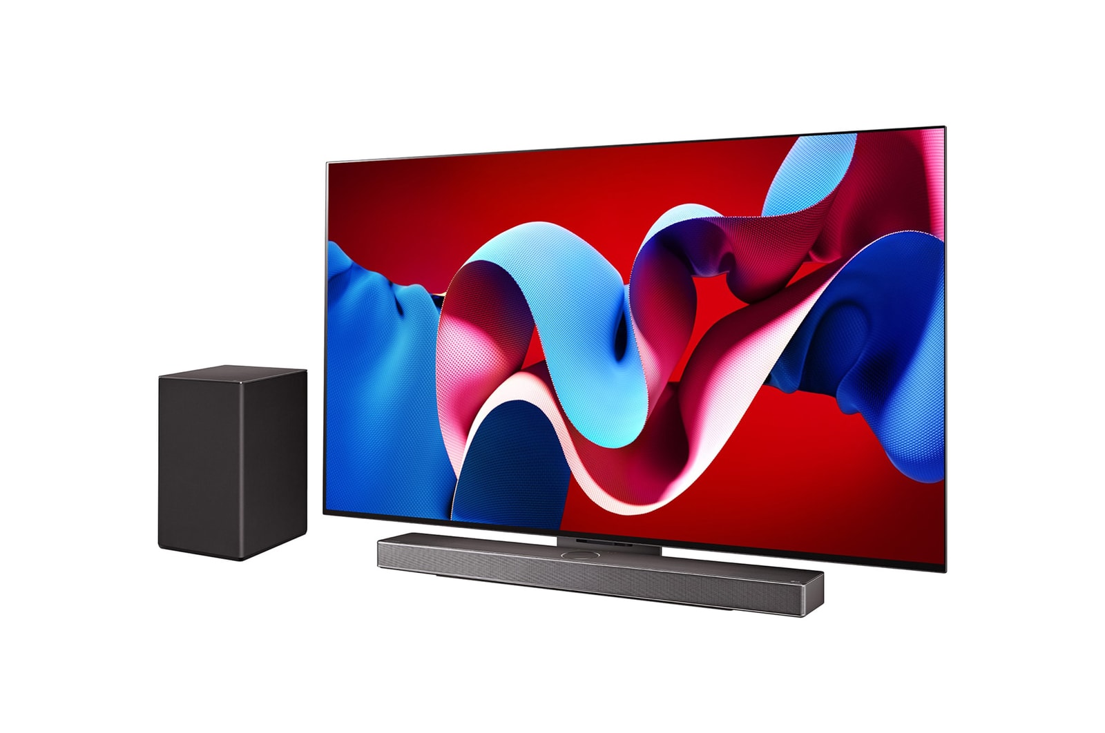 LG OLED evo C4 4K 智能電視稍微向右傾斜的側面視圖，下方有 LG Soundbar，側邊有一個重低音喇叭