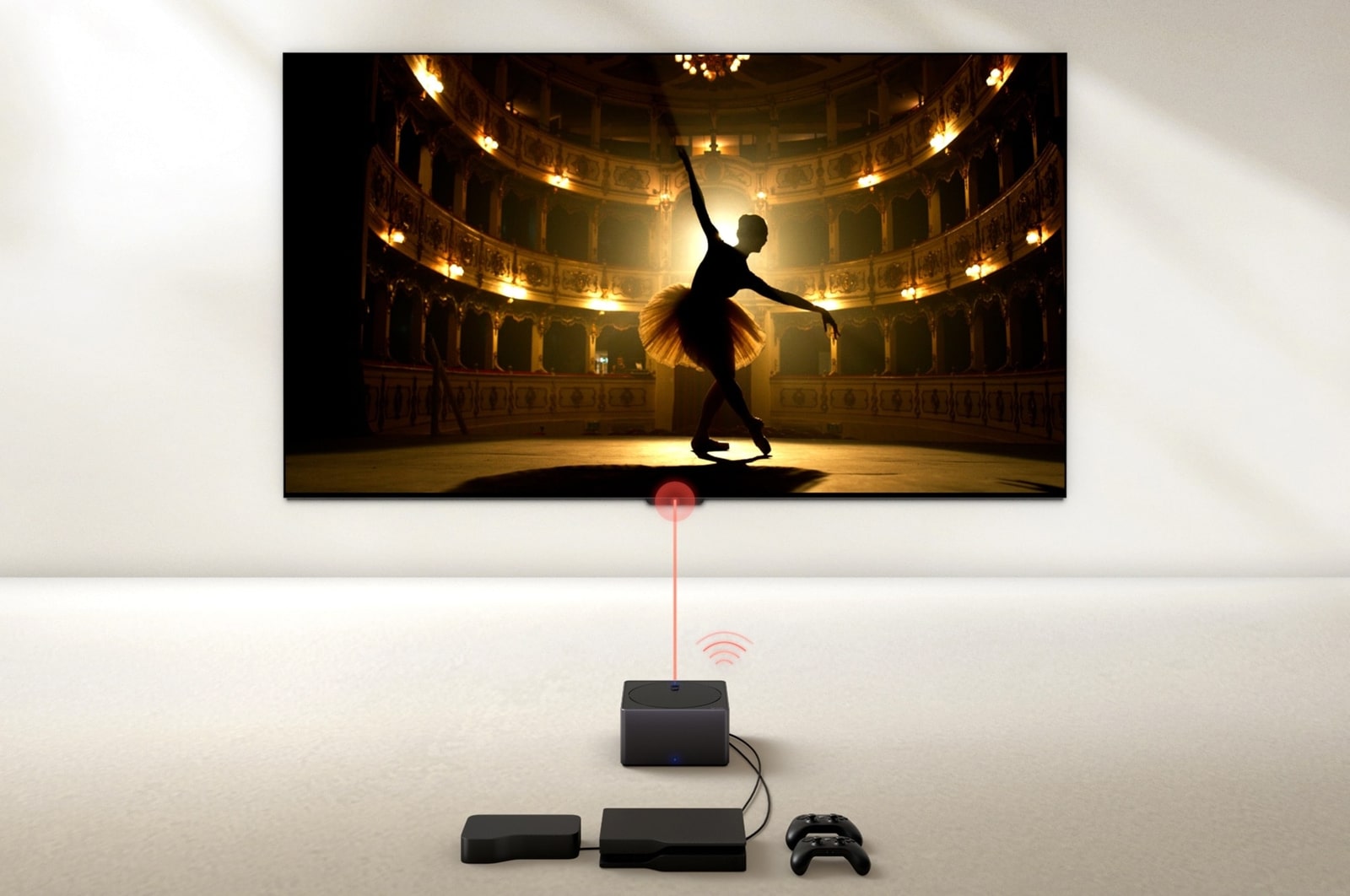 Zero Connect Box 置於 LG OLED evo M4 4K 智能電視前方，紅色的 Wi-Fi 訊號和紅光射向電視。電視上正顯示一位芭蕾舞者在舞台上獨舞。