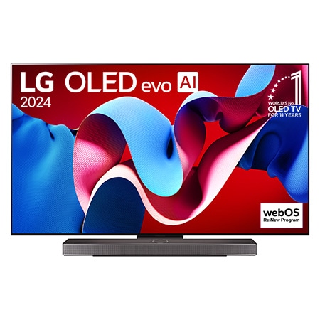 正面視圖，LG OLED evo C4 4K 智能電視，11 年世界第一的 OLED 標誌和 webOS Re:New 計劃標誌顯示在屏幕上，而其下方是 Soundbar