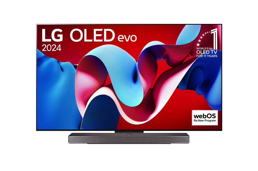 正面視圖，LG OLED evo C4 4K 智能電視，11 年世界第一的 OLED 標誌和 webOS Re:New 計劃標誌顯示在屏幕上，而其下方是 Soundbar