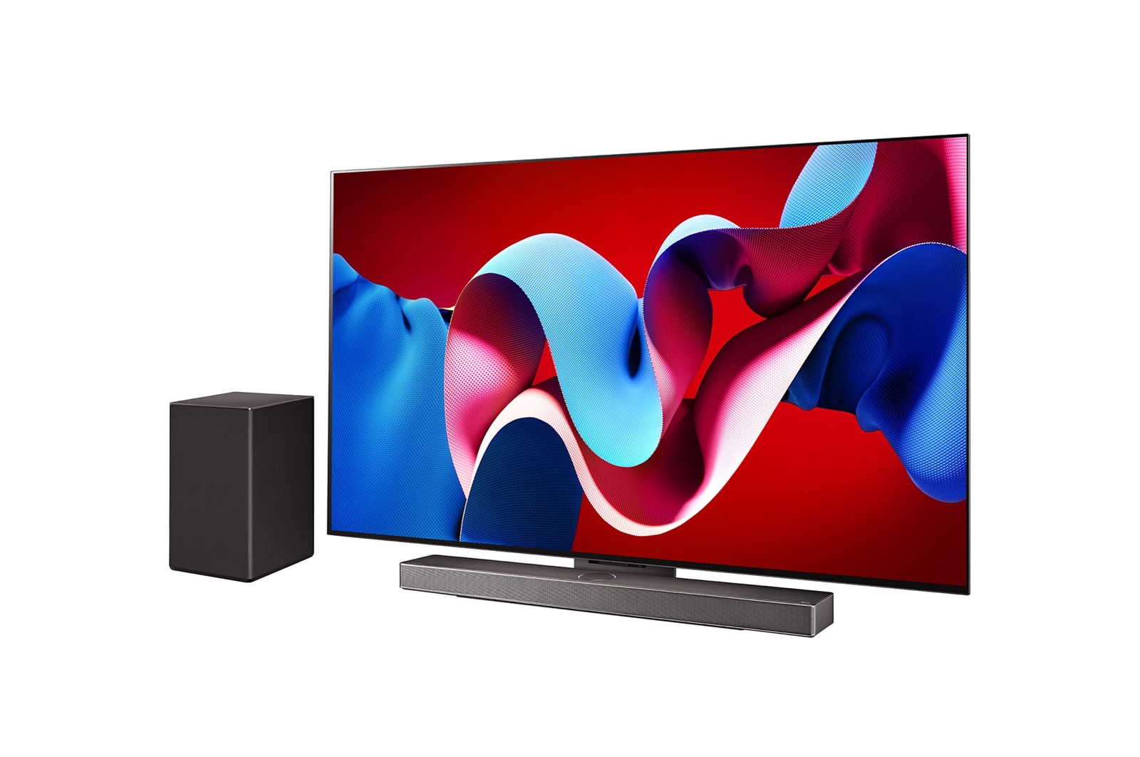LG OLED evo C4 4K 智能電視稍微向右傾斜的側面視圖,下方有 LG Soundbar,側邊有一個重低音喇叭
