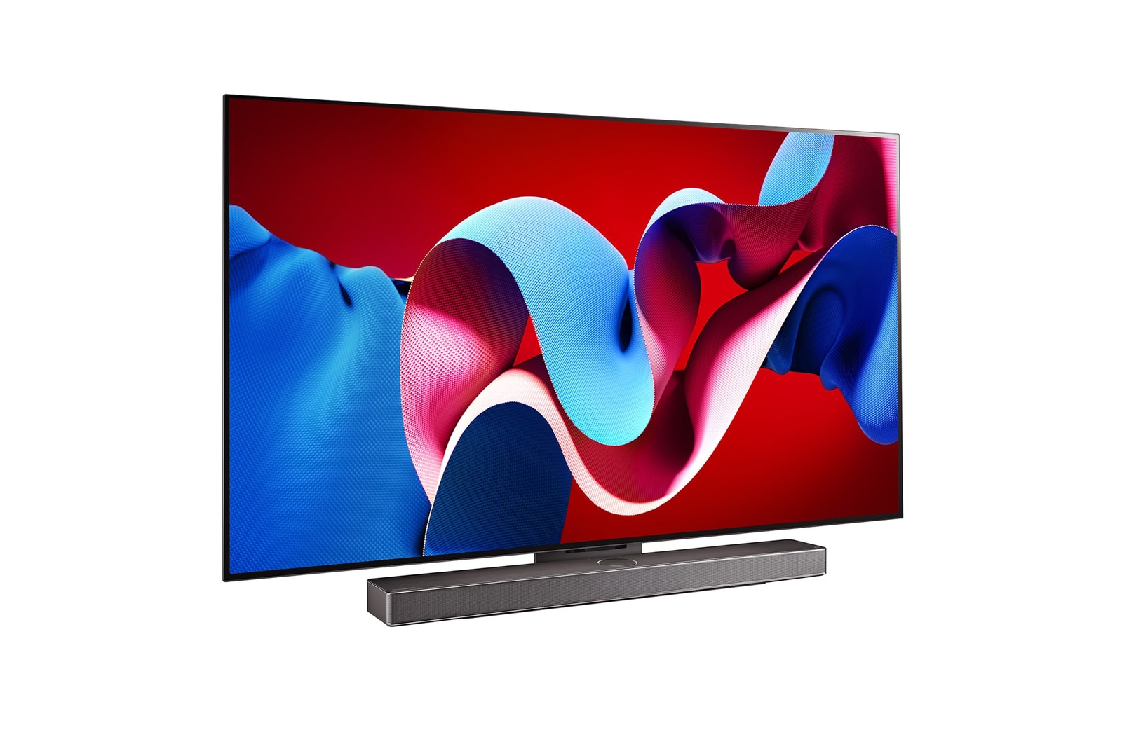 LG OLED evo C4 4K 智能電視稍微向右傾斜的側面視圖,下方有 LG Soundbar