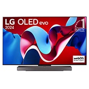 正面視圖，LG OLED evo C4 4K 智能電視，11 年世界第一的 OLED 標誌和 webOS Re:New 計劃標誌顯示在屏幕上，而其下方是 Soundbar