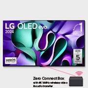 LG OLED evo M4 4K 智能電視的正面圖，螢幕上有 11 年世界第一 OLED 標誌、webOS Re:New Program 標誌、5 年面板保養標誌，以及與電視連接的 4K 144Hz 無線影音傳輸 Zero Connect Box，Wi-Fi 信號從盒子中傳出