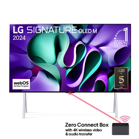 支架上 LG OLED M4 的正面圖，其下方是 Zero Connect Box，螢幕上顯示 11 年世界第一的 OLED 標誌、webOS Re:New Program 標誌和 5 年面板保養標誌