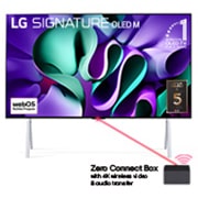 支架上 LG OLED M4 的正面圖，其下方是 Zero Connect Box，螢幕上顯示 11 年世界第一的 OLED 標誌、webOS Re:New Program 標誌和 5 年面板保養標誌