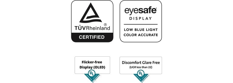 TUV Rheinland Eyesafe Display 標誌、Flicker-free Display 標誌、Discomfort GlareFree 標誌