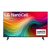 LG NanoCell 電視 NANO80 的正面圖，螢幕上顯示文字「LG NanoCell, 2024」和 webOS Re:New Program 標誌