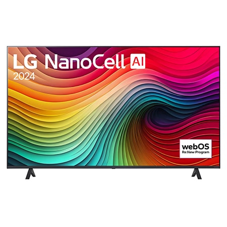 LG NanoCell 電視 NANO80 的正面圖，螢幕上顯示文字「LG NanoCell, 2024」和 webOS Re:New Program 標誌