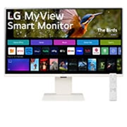 LG MyView 智能顯示器 32SR83U-W 的前視圖，配備遙控器和網絡攝影機
