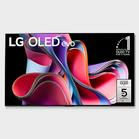 Front view with LG OLED evo, 10 Years World No.1 OLED Emblem, and 5-Year Panel Warranty logo on screen