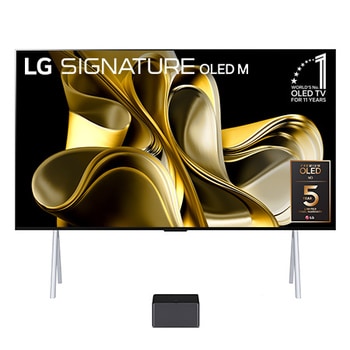 Front view with LG OLED M3 on the stand and Zero Connect Box below, 10 Years World No.1 OLED Emblem, LG Signiture OLED M, and 5-Year Panel Warranty logo on screen