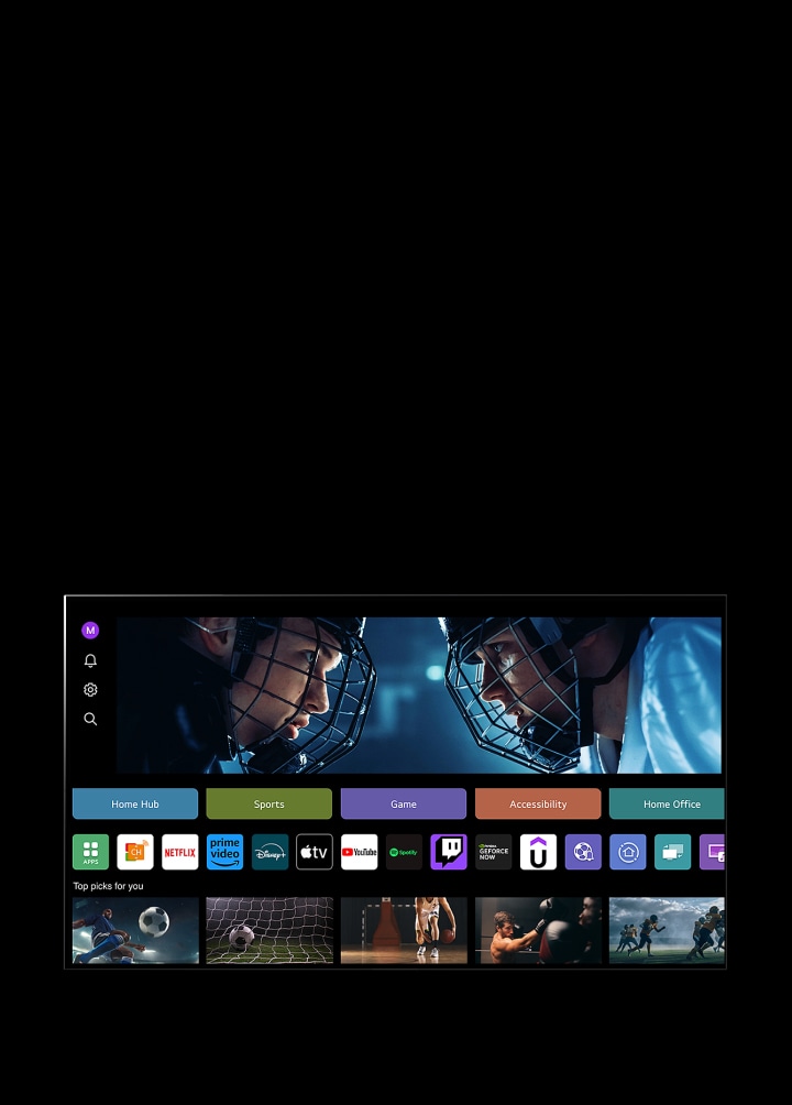 An LG TV screen shows the My Profile display. In the top third, a banner for Tangible Wonders. Below the banner, the following buttons are displayed: Home Hub, Sports, Game, Accessibility, Home Office. Below the buttons, the following logos are displayed: LG Channels, Netflix, Prime Video, Disney+, Apple TV, YouTube, Spotify, Twitch, GeForce Now, and Udemy. Below the logos, 5 movie thumbnails are displayed under the text "Top picks for you".   A cursor clicks on the initial 'S' in the top left corner. An LG Account drop-down menu opens and five names are displayed. The cursor clicks the second name as thumbnails and recommended contents on screen change.