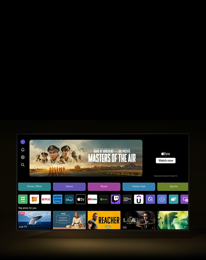 The streaming home screen shows all apps, categories, and recommended content.