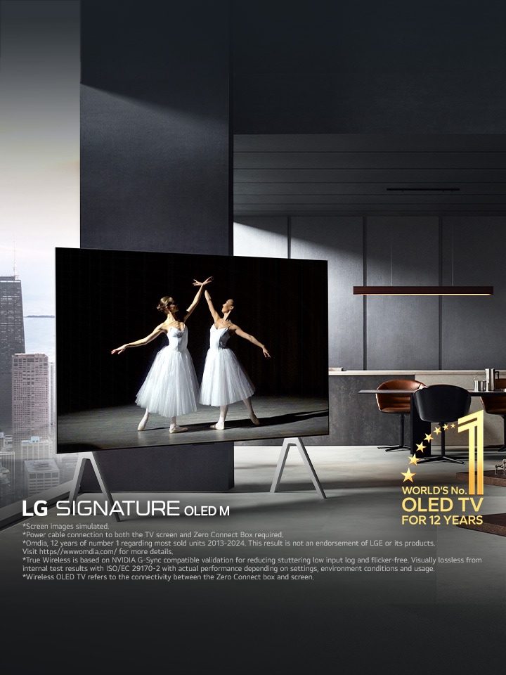 Premium living space with the LG Signature OLED M5 on a TV stand. The screen looks huge. No wires are visible showcasing the True Wireless technology of the TV. World's number one OLED TV for 12 years emblem and LG Signature OLED M logo are visible.