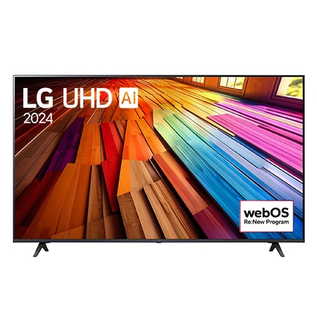 Front view of LG UHD TV, UT80 with text of LG UHD AI ThinQ, 2024, and webOS Re:New Program logo on screen