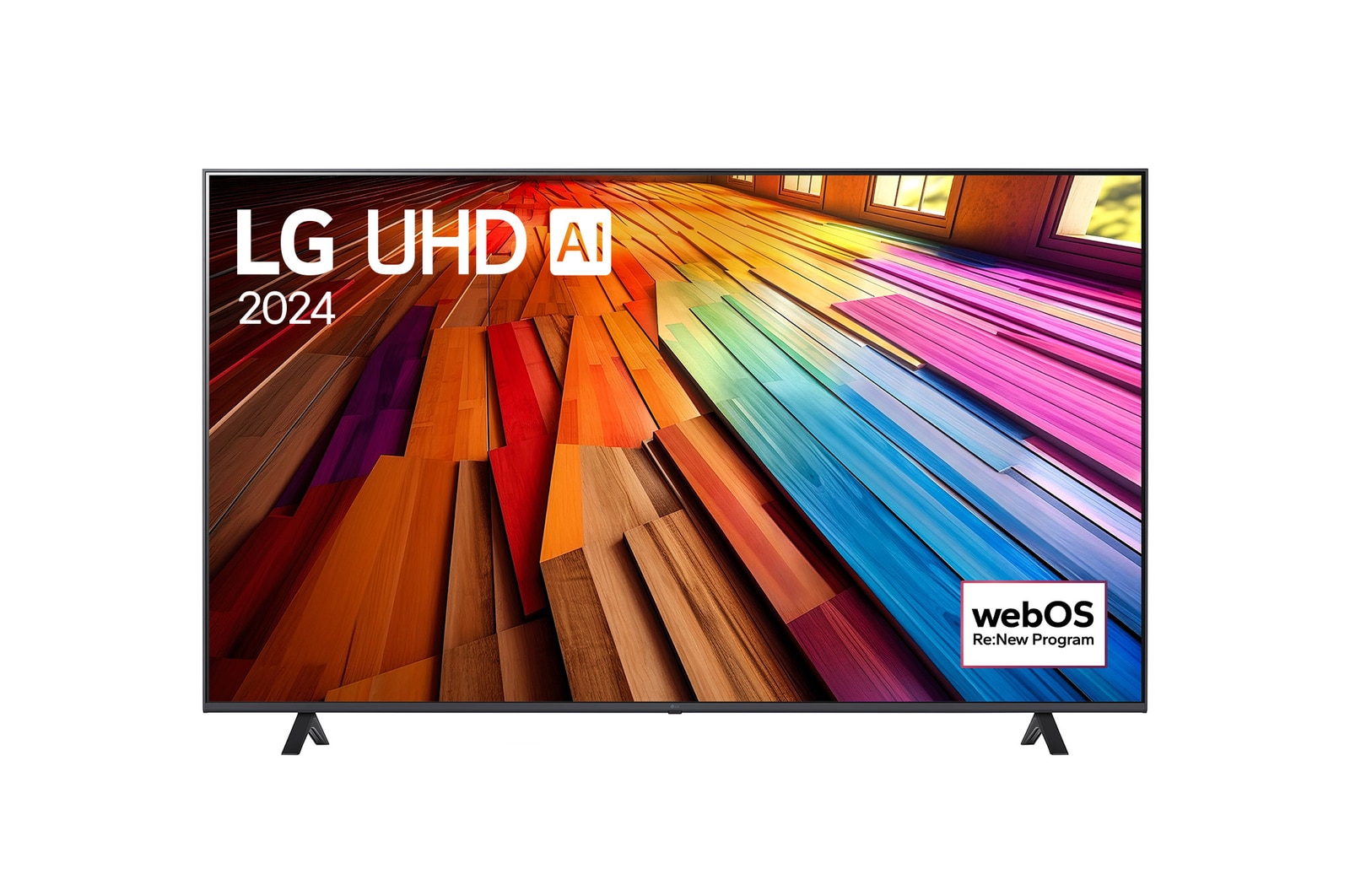 Front view of LG UHD TV, UT80 with text of LG UHD AI, 2024, and webOS Re:New Program logo on screen