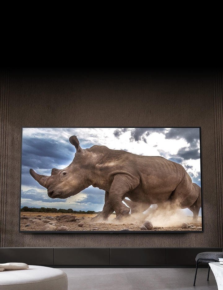 A rhinoceros in a safari setting is shown on an Ultra Big LG TV, mounted on the brown wall of a living room surrounded by cream-colored modular furniture.	
