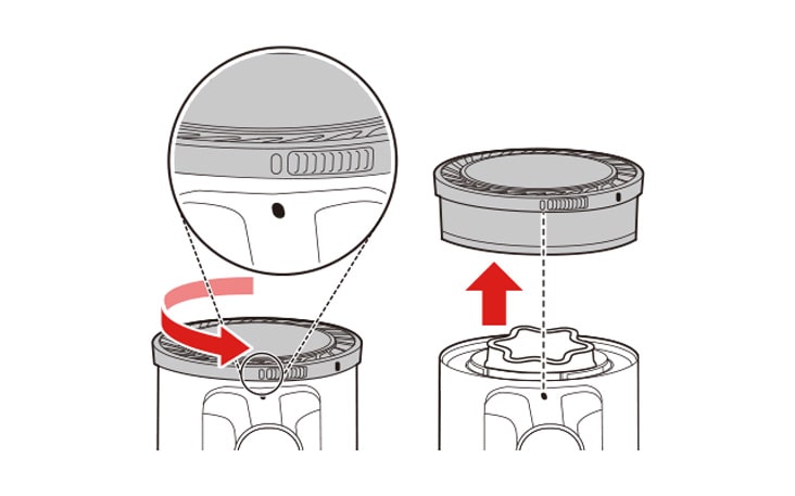 Remove the battery from the product body Rotate the exhaust filter to the unlocked position to separate it from the product body