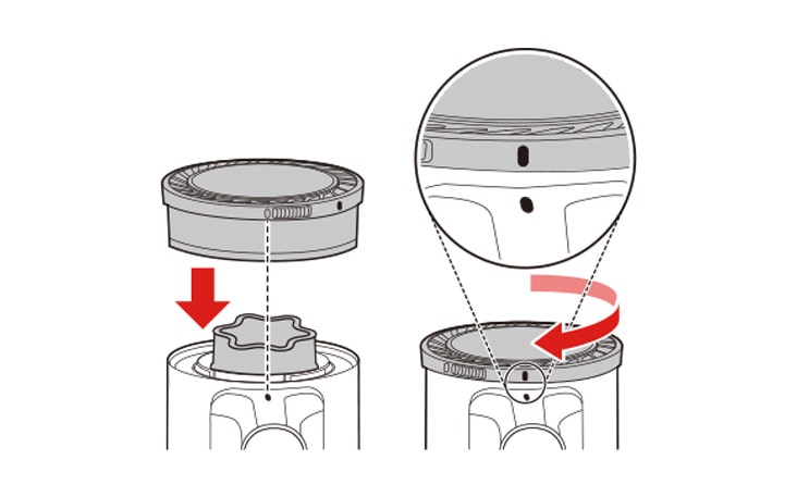 Insert the clean dry pre filter and rotate the exhaust filter to the locked position to reassemble it on the product body