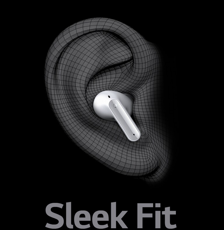 An image of TONE Free worn on the ear shape expressed in 3D.Below it is written the word Ergonic Fit.