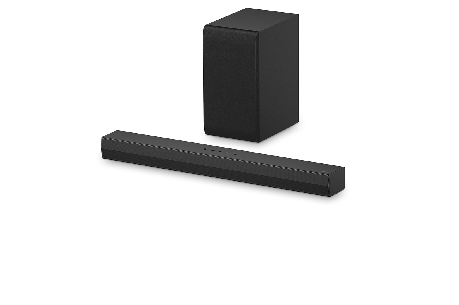 Angled view of LG Soundbar S40T and subwoofer