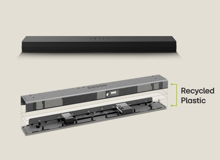 There is a front view of soundbar behind and a metal frame image of soundbar in front. An angled view of the back of the soundbar's metal frame with the words "Recycled Plastic" pointing to the edge of the frame.