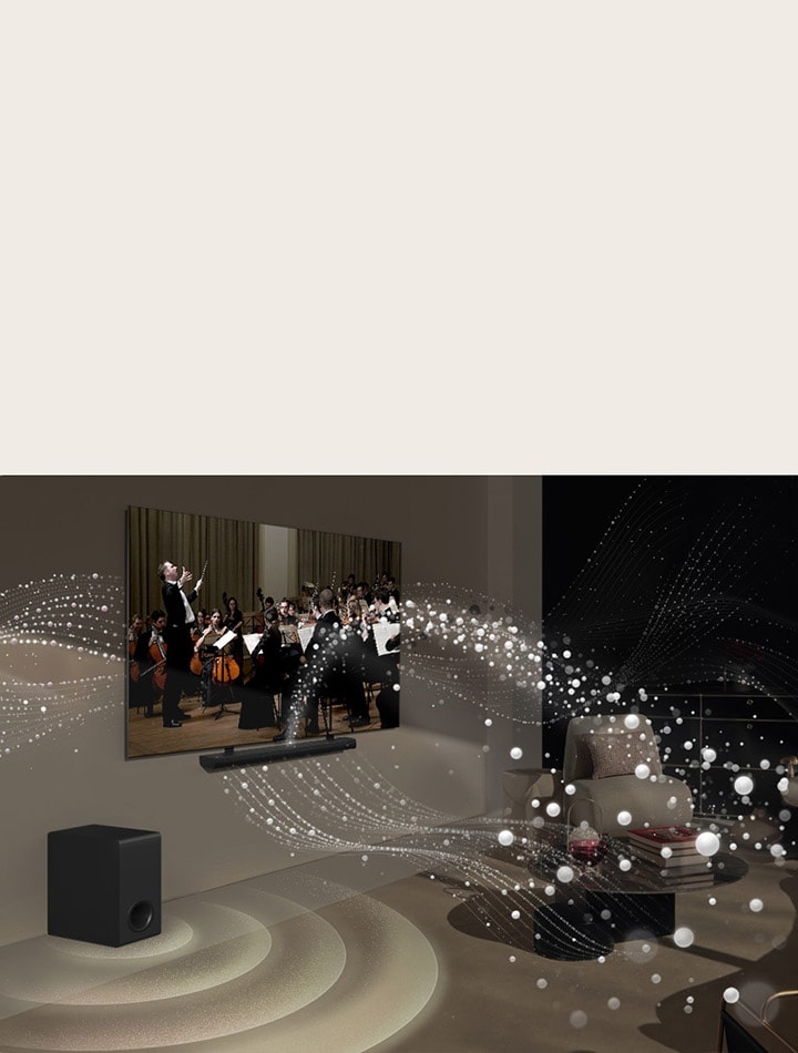 LG Soundbar, LG TV and a subwoofer are in a living room playing a musical performance. White droplets make waves of sound that shoot upwards and forward from the soundbar and project from the TV. A subwoofer is creating a sound effect from the bottom.