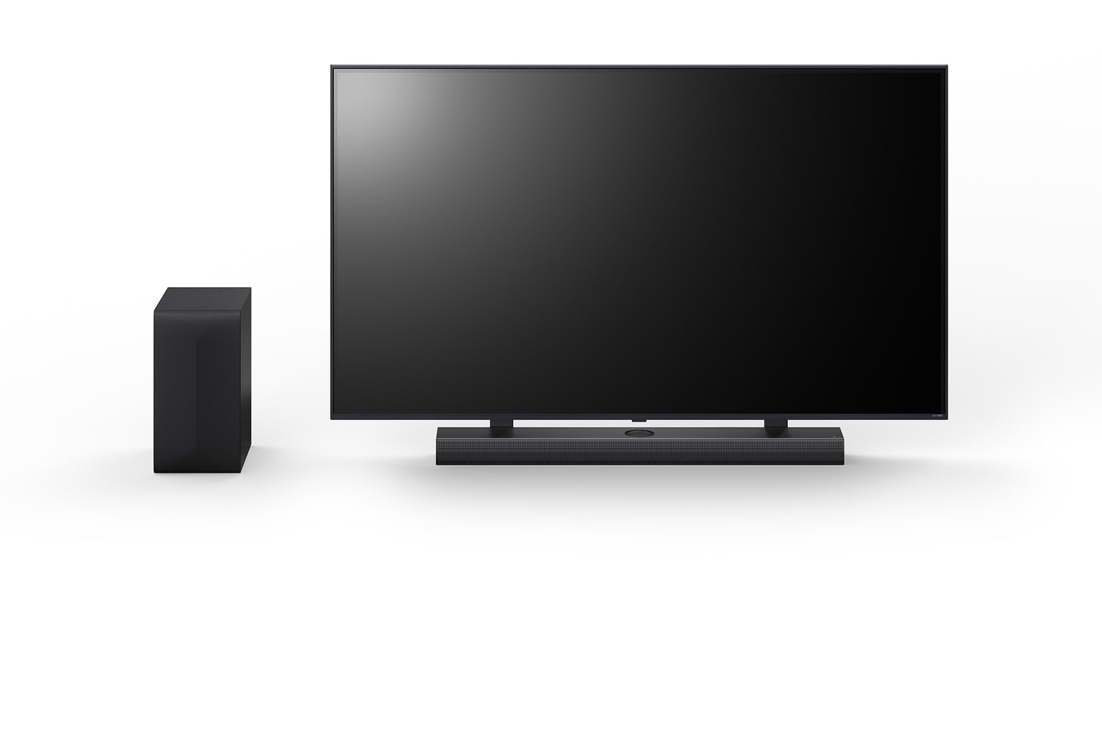 Front view of 65inch LG QNED, LG Soundbar S70TY, and subwoofer