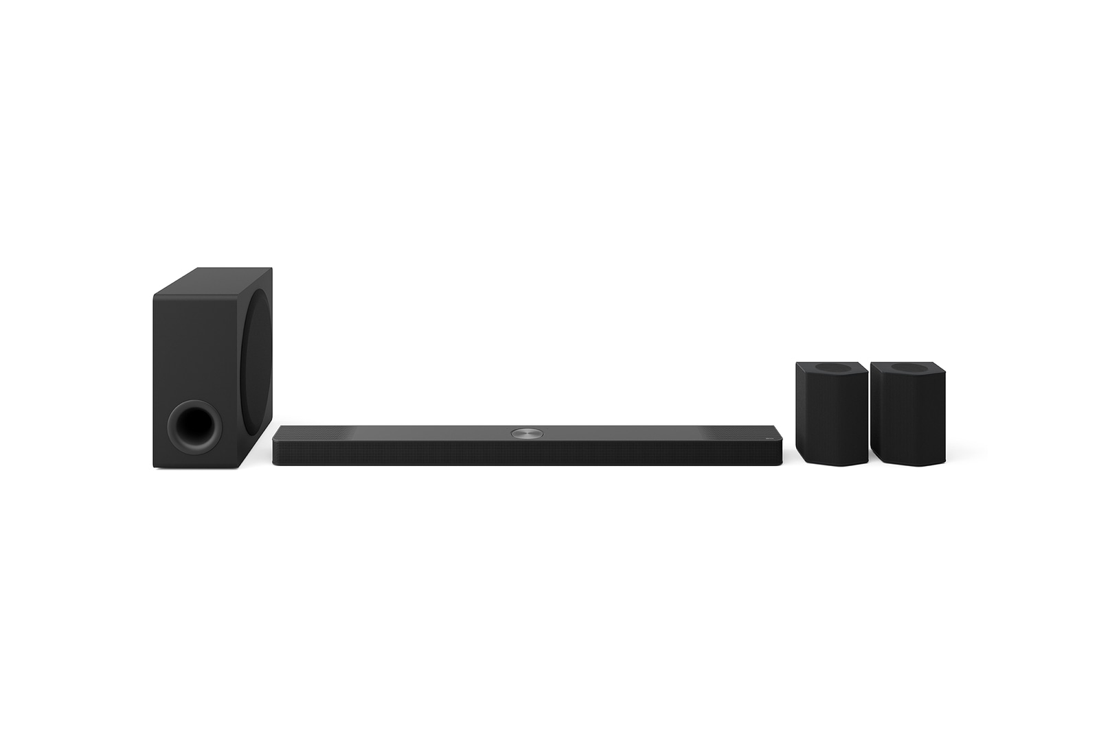 Front view of LG Soundbar S95TR, subwoofer, and Rear Speakers