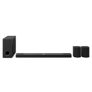 Front view of LG Soundbar S95TR, subwoofer, and Rear Speakers