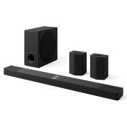 45-degree side angle view of LG Soundbar S95TR, subwoofer, and Rear Speakers