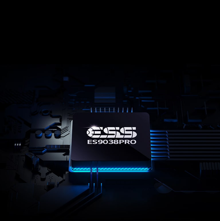 ES9039PRO quad dac is placed on a black background with blue neon colored circuit lines