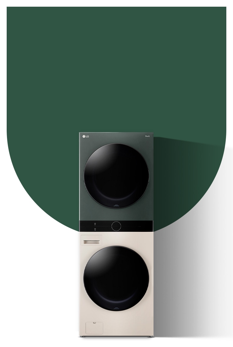 It shows a beige, green color LG Objet Collection WashTower™.